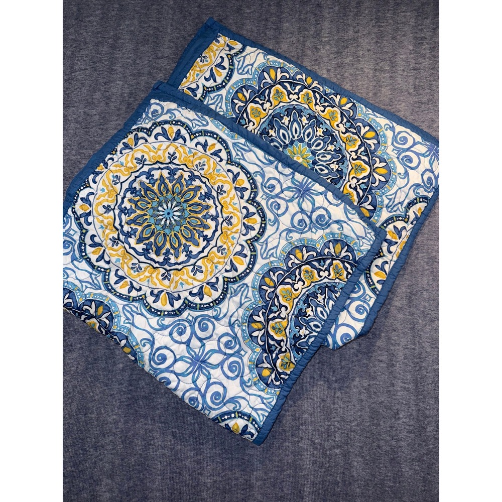 Madison Park King Size Pillow Shams Blue Yellow Paisley Medallion Quilted Set 2
